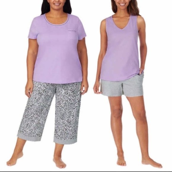 NEW CAROLE HOCHMAN Cotton 4 Pc Lounge Pajama Set Purple Capri Tank Shorts Tee - Picture 8 of 9